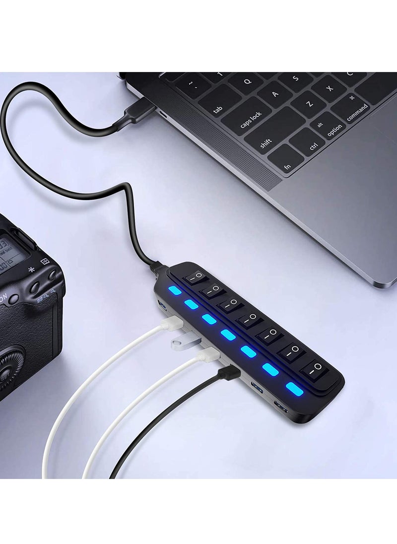 USB Hub 3.0 Splitter, 7 Port USB Data Hub with Individual OnOff Switches and Lights for Laptop, PC, Computer, Mobile HDD, Flash Drive, PD Charging for Macbook and Other Type C Laptops