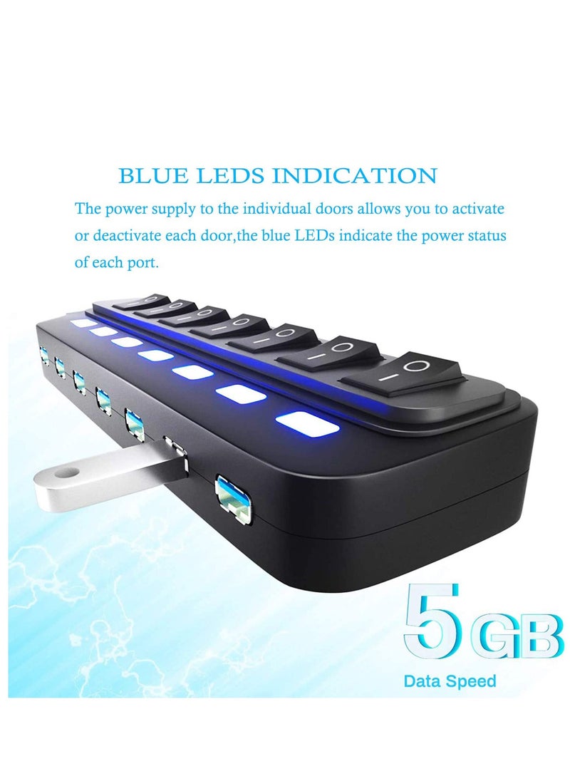 USB Hub 3.0 Splitter, 7 Port USB Data Hub with Individual OnOff Switches and Lights for Laptop, PC, Computer, Mobile HDD, Flash Drive, PD Charging for Macbook and Other Type C Laptops