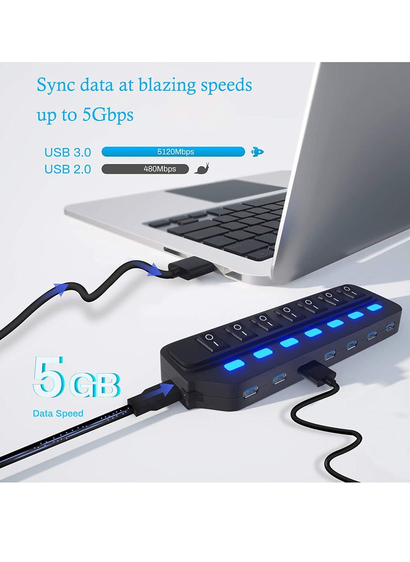 USB Hub 3.0 Splitter, 7 Port USB Data Hub with Individual OnOff Switches and Lights for Laptop, PC, Computer, Mobile HDD, Flash Drive, PD Charging for Macbook and Other Type C Laptops