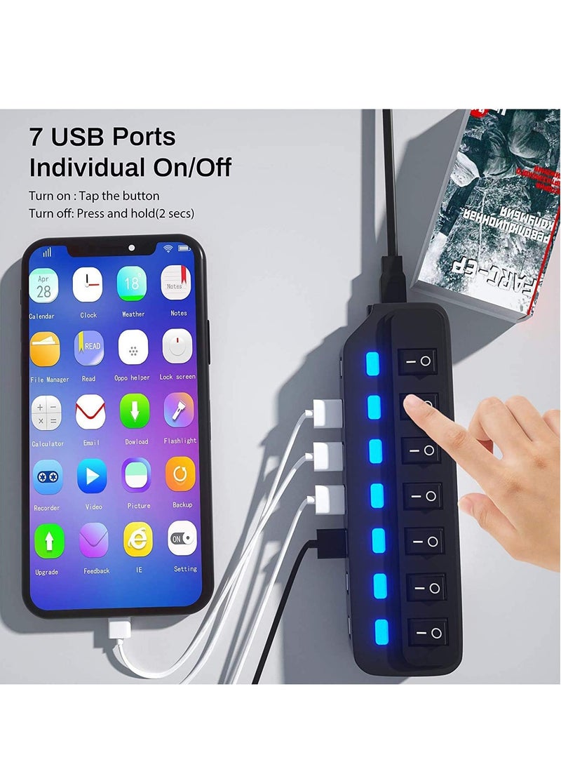 USB Hub 3.0 Splitter, 7 Port USB Data Hub with Individual OnOff Switches and Lights for Laptop, PC, Computer, Mobile HDD, Flash Drive, PD Charging for Macbook and Other Type C Laptops