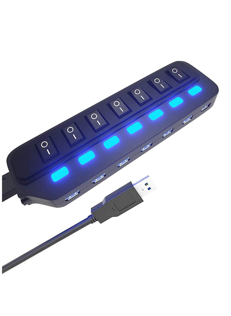 USB Hub 3.0 Splitter, 7 Port USB Data Hub with Individual OnOff Switches and Lights for Laptop, PC, Computer, Mobile HDD, Flash Drive, PD Charging for Macbook and Other Type C Laptops