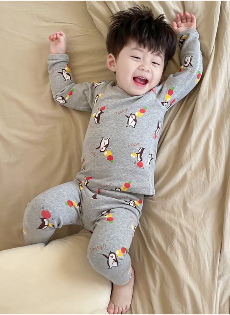 Kids Thermal Underwear Set Thermal Long Johns Top & Bottom Set Winter children Thermal Base Layer Interior Long Warm sleepwear (Penguin)