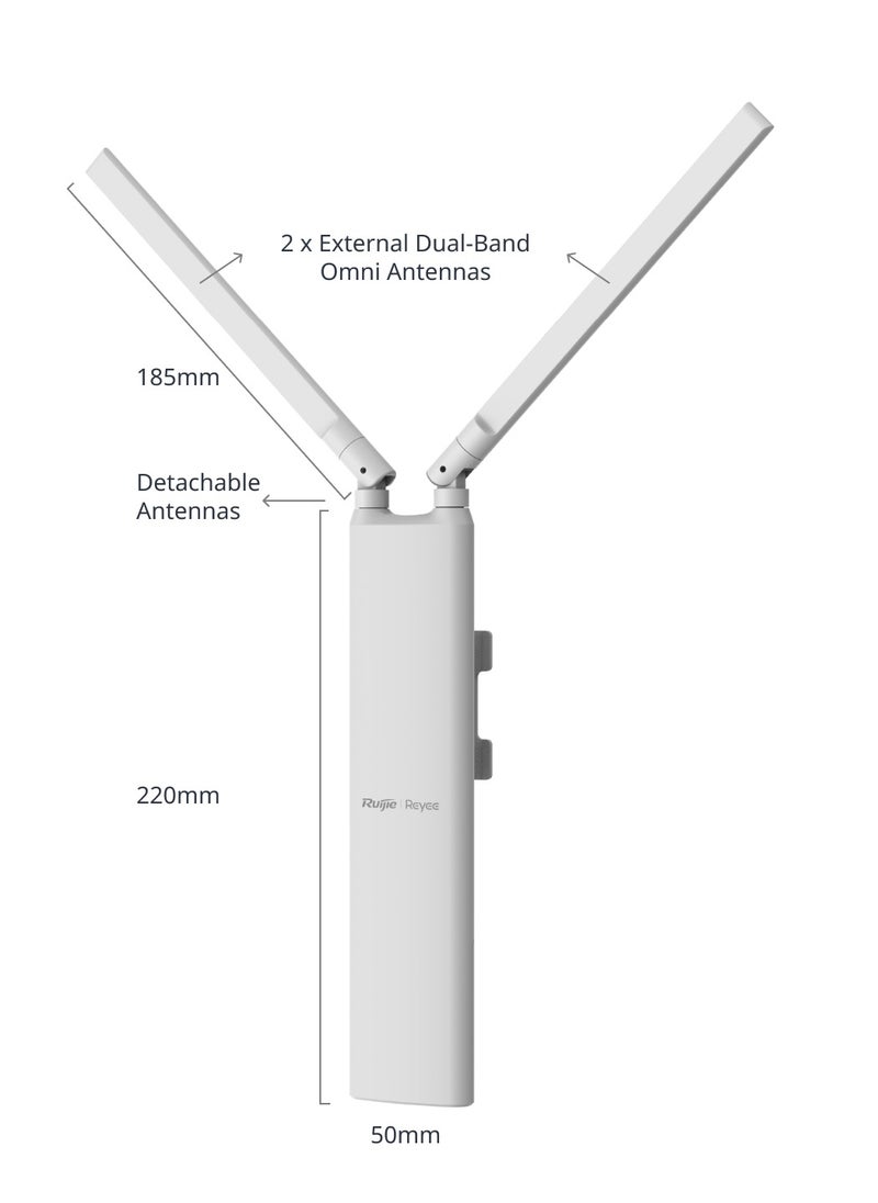 Ruijie Reyee RG-RAP52-OD Outdoor Wi-Fi 5 AC1300 Dual-Band Access Point - Mesh, IP65 Weatherproof, Detachable Antennas for Villas and Businesses