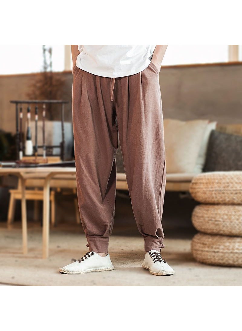 Cotton Linen Monk Pants Unisex Loose-Fit Spring Summer Brown 0021