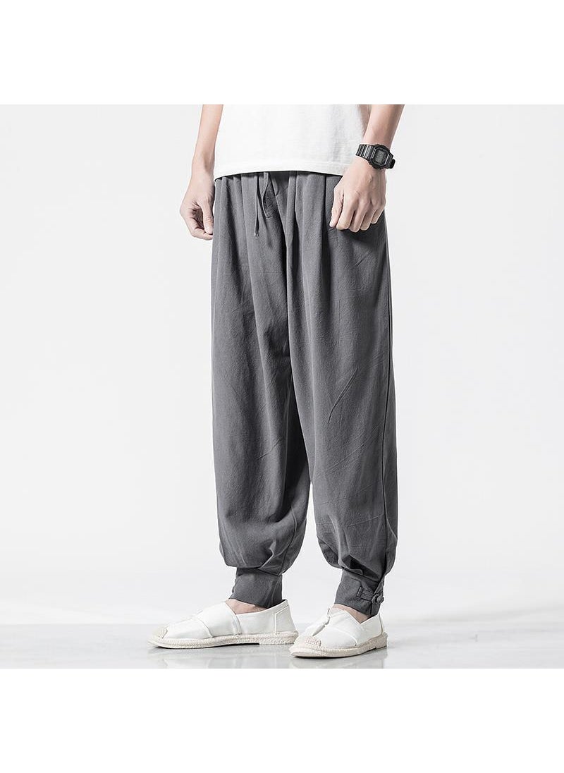 Unisex Cotton Linen Monk Pants Elastic Waist Casual Bottoming T-shirt