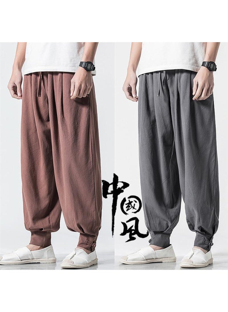 Unisex Cotton Linen Monk Pants Elastic Waist Casual Bottoming T-shirt