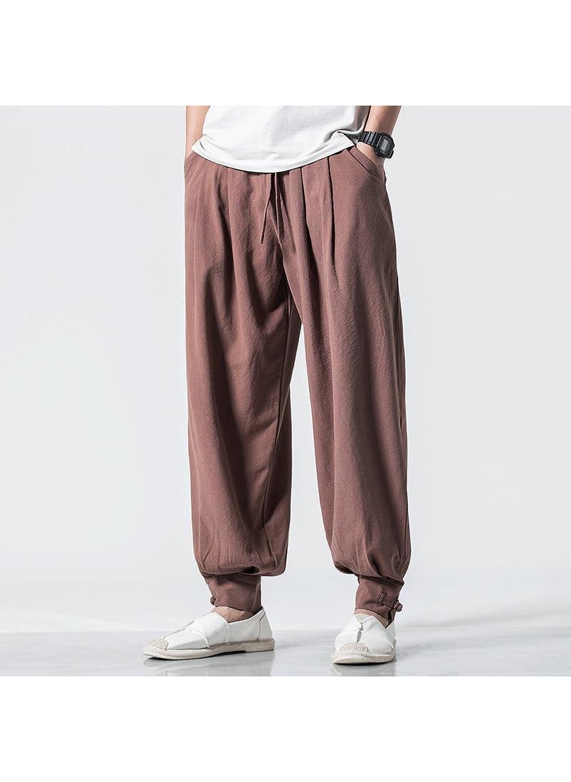 Unisex Cotton Linen Monk Pants Elastic Waist Casual Bottoming T-shirt