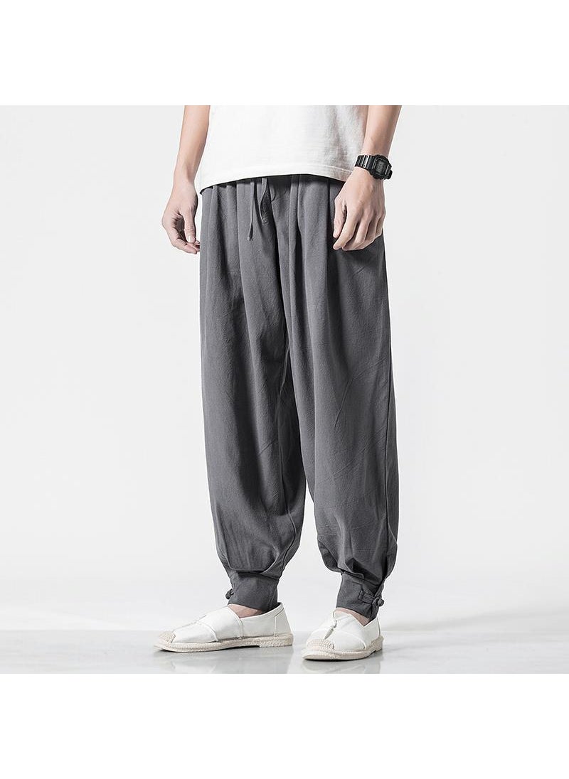 Unisex Cotton Linen Monk Pants Elastic Waist Casual Black