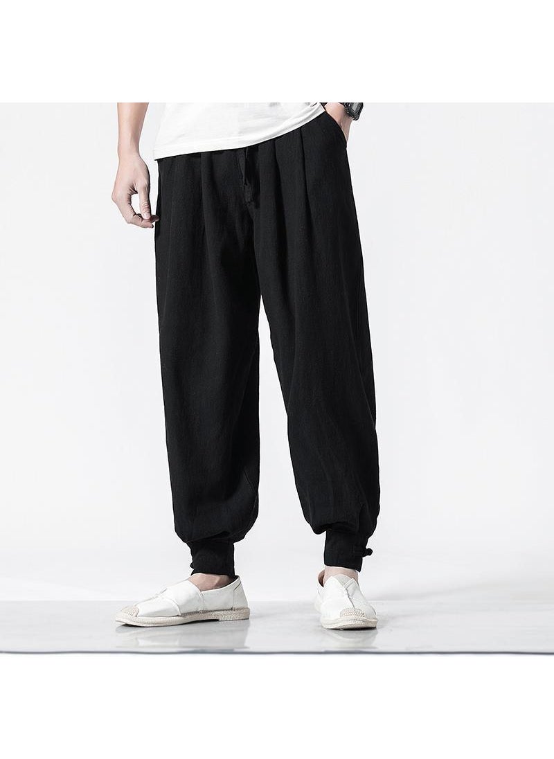 Unisex Cotton Linen Monk Pants Elastic Waist Casual Black