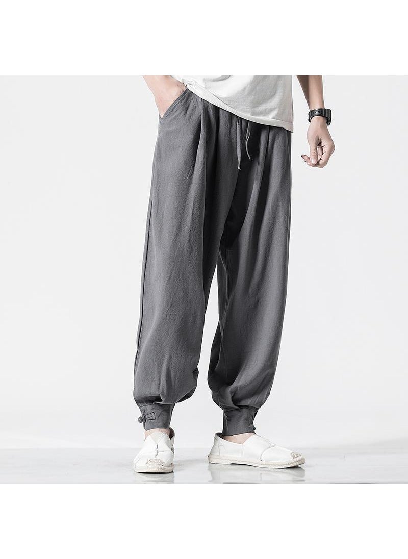 Unisex Cotton Linen Monk Pants Elastic Waist Casual Gray