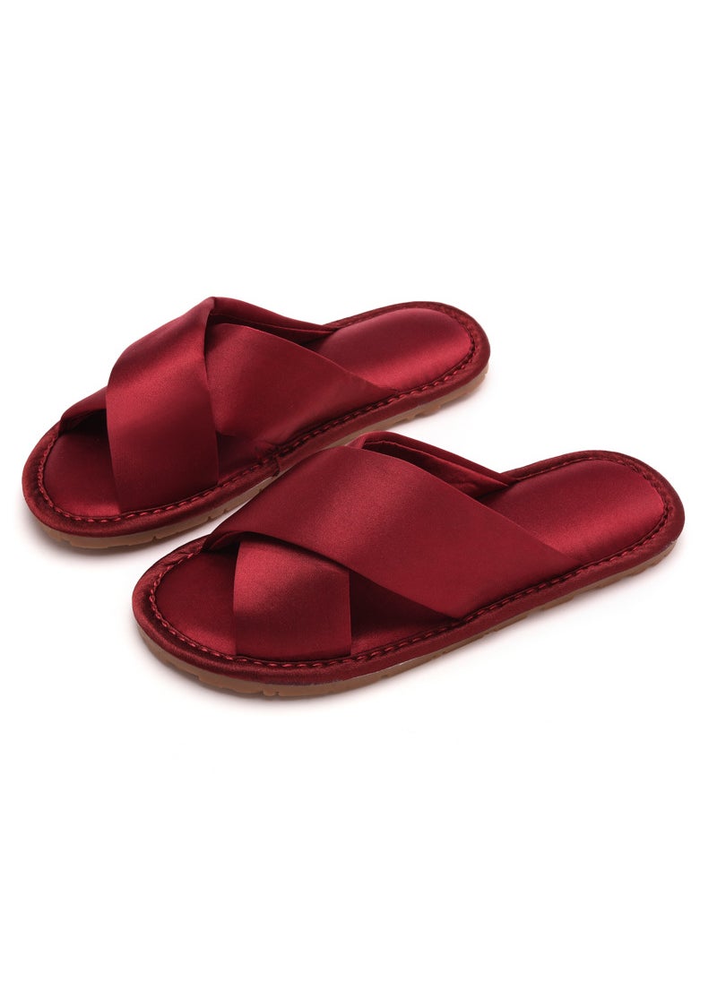 Wedding slippers Festive couple red female wedding bridesmaid hand gift morning gown light luxury slippers high-grade summerCross belt solid color wine red Cross belt solid color wine red