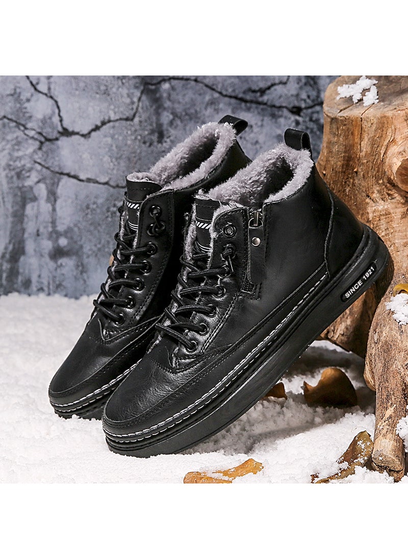 Mens shoes spring 2024 new high-top Martin boots fleece-lined thick warm casual shoes versatile work cold-proof cotton shoesBlack Black