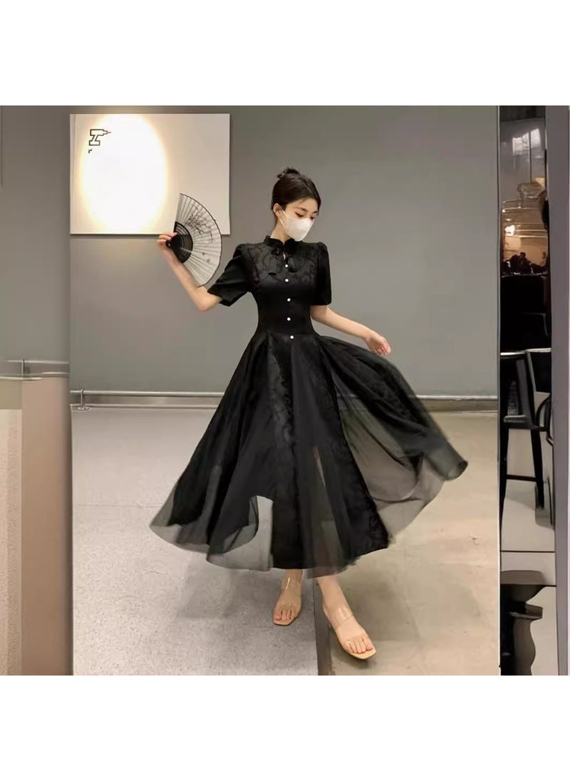 2023 Summer Chinese Style Qipao Dress Set for Women Long black