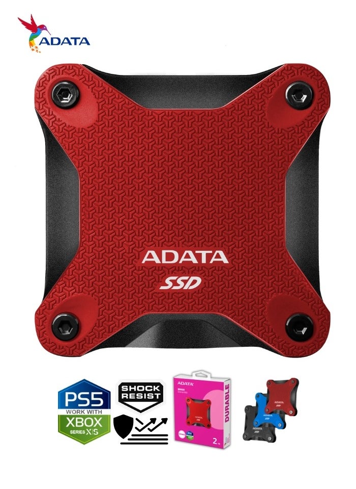 SD620 2TB External Solid State Drive | Shock Resistance SSD Compatible with PS5 XBOX for Superfast Gaming USB 3.2 Gen2x2 Type-C | Red