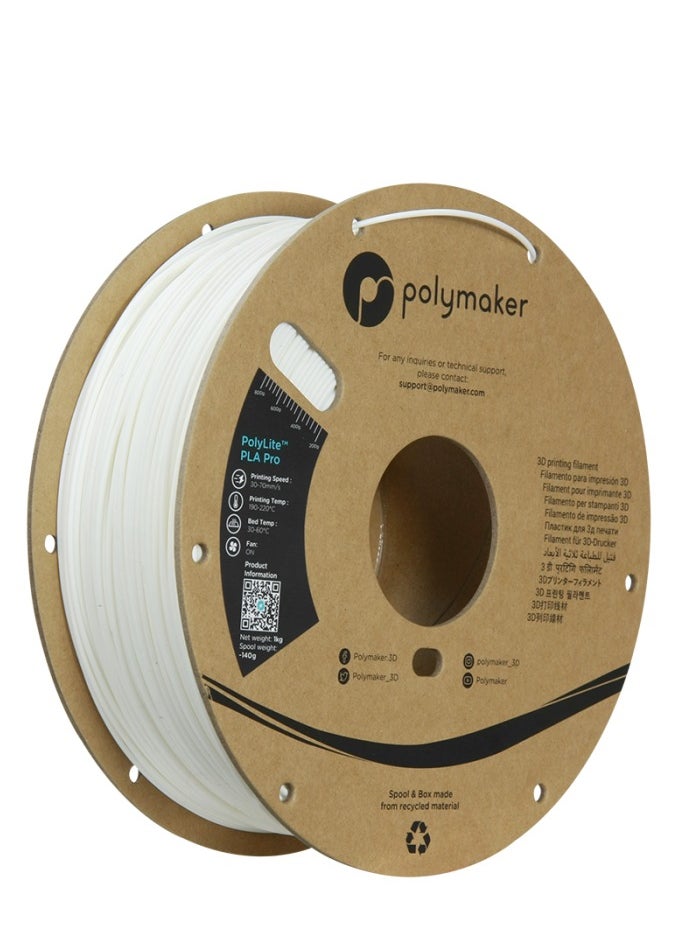 Polymaker PLA Pro Filament 1.75mm (Tough & High Rigidity White PLA Filament1.75mm) 1kg - PolyLite PLA 3D Printer Filament 1.75mm Print with Most 3D Printers Using 3D Filament