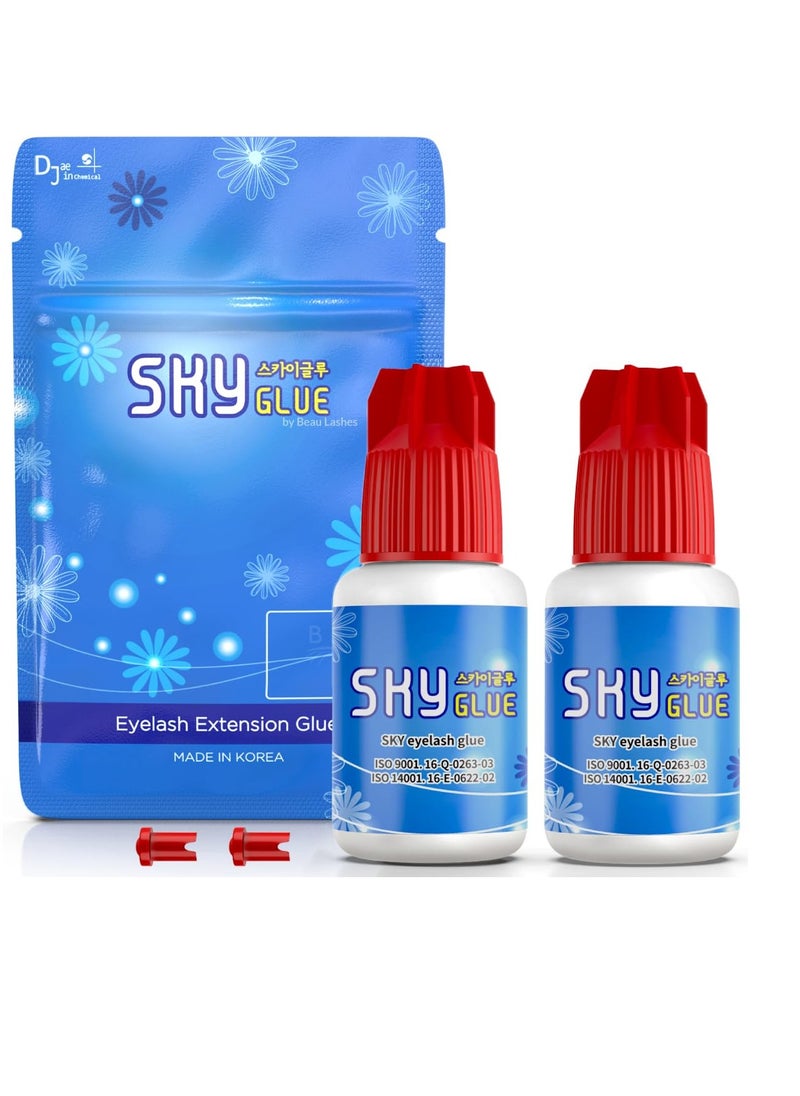 2 Bottles Sky Glue for Eyelash Extensions S+ | Super Strong Black Lash Extension Adhesive for Professional Long Lasting Semi Permanent Individual Lash Extensions | Fast Drying / 7+ Week Retention 5ml