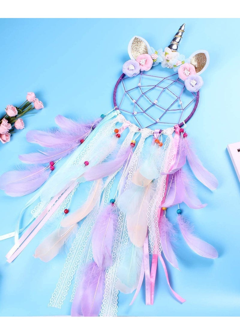 Unicorn Dream Catcher Wall Decor C ute Feather Dreamcatcher Wall Hanging for Bedrooms Party Royal Purple Feathers Traditional Crochet Design Feather Tassels Flower