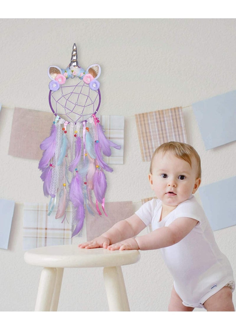 Unicorn Dream Catcher Wall Decor C ute Feather Dreamcatcher Wall Hanging for Bedrooms Party Royal Purple Feathers Traditional Crochet Design Feather Tassels Flower