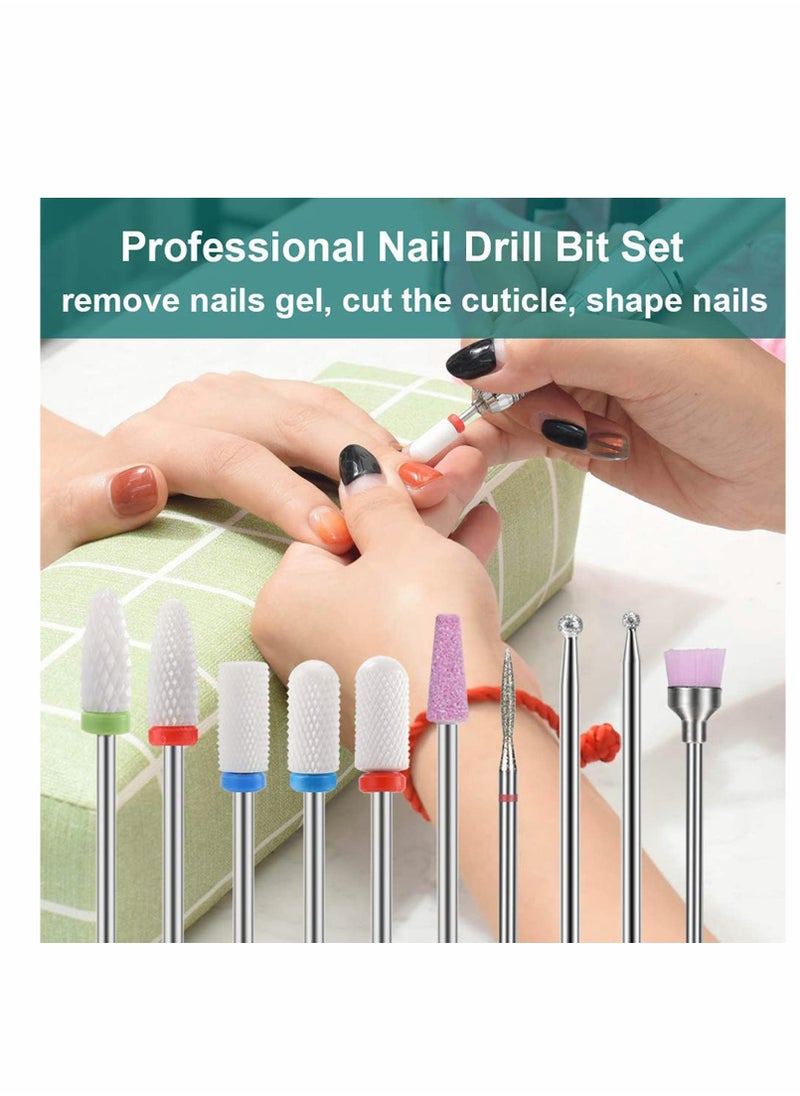 Nail Drill Bits Set, 10 Pcs Ceramic Nail Drill Bits for Acrylic Gel Nails Professional Nail Drill Bits Cuticle Remover Diamond Bits for Nails Manicure Pedicure