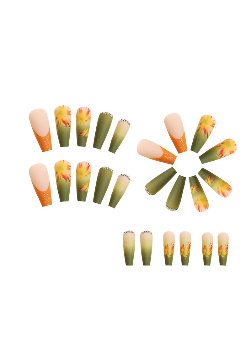 Fall Press on Nails Long Coffin Fake Nails Full Cover Stick on Nails Autumn Thanksgiving Maple Leaves False Nails with Designs Yellow with Rhinestones Press on Nails Acrylic Nails for Women Girls