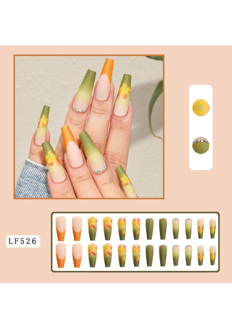 Fall Press on Nails Long Coffin Fake Nails Full Cover Stick on Nails Autumn Thanksgiving Maple Leaves False Nails with Designs Yellow with Rhinestones Press on Nails Acrylic Nails for Women Girls