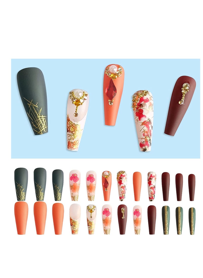 24 Pcs Fall Press on Nails Long, Glossy Acrylic Glue on Nails for Women, Gold Glitter Coffin Nails, Long Fake Nails with Fall Leaf Flower Rhinestone Designs