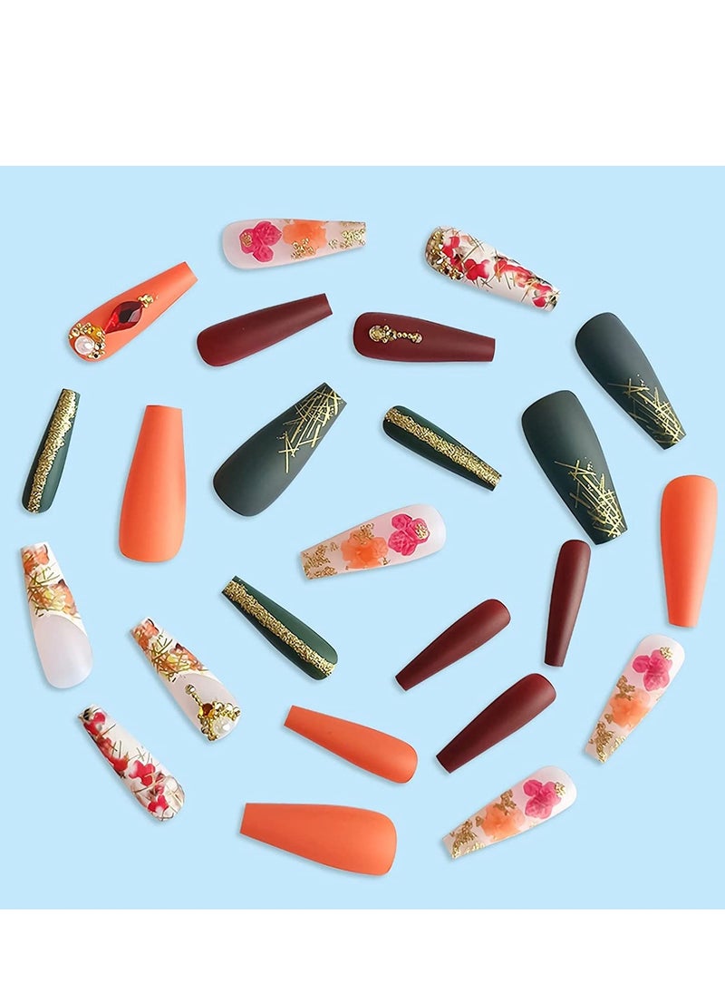 24 Pcs Fall Press on Nails Long, Glossy Acrylic Glue on Nails for Women, Gold Glitter Coffin Nails, Long Fake Nails with Fall Leaf Flower Rhinestone Designs