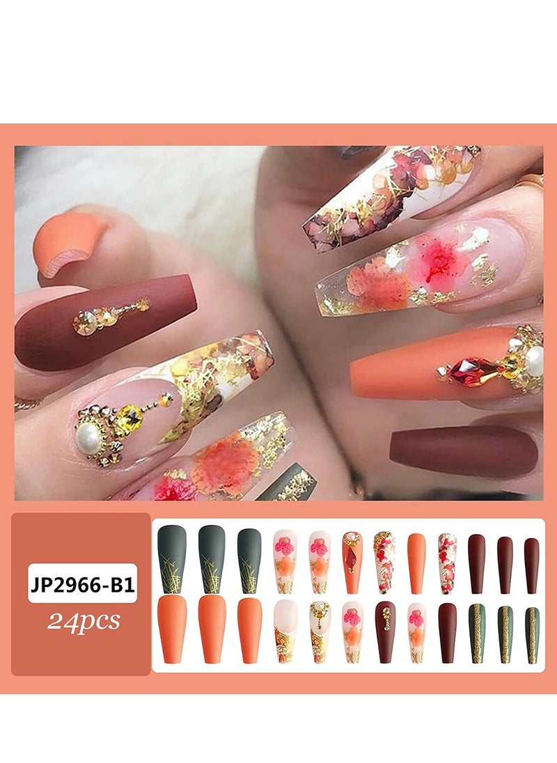 24 Pcs Fall Press on Nails Long, Glossy Acrylic Glue on Nails for Women, Gold Glitter Coffin Nails, Long Fake Nails with Fall Leaf Flower Rhinestone Designs