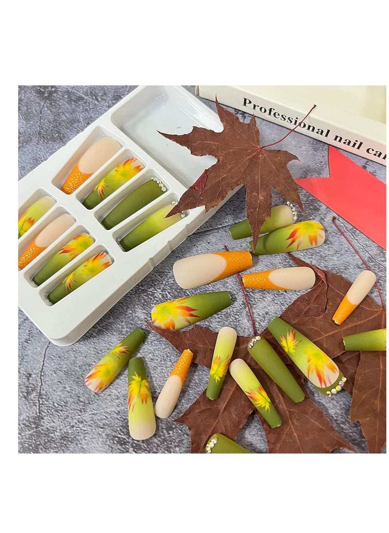 Fall Press on Nails Long Coffin Fake Nails Full Cover Stick on Nails Autumn Thanksgiving Maple Leaves False Nails with Designs Yellow with Rhinestones Press on Nails Acrylic Nails for Women Girls