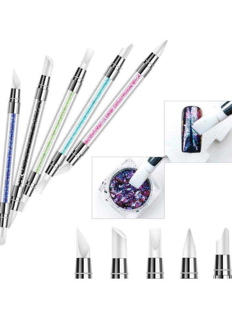 5Pcs Nail Art Sculpture Pen Dual Tipped Silicone Nail Tool Rhinestone Nail Polish Carving Pen Rubber Tip Nail Brushes