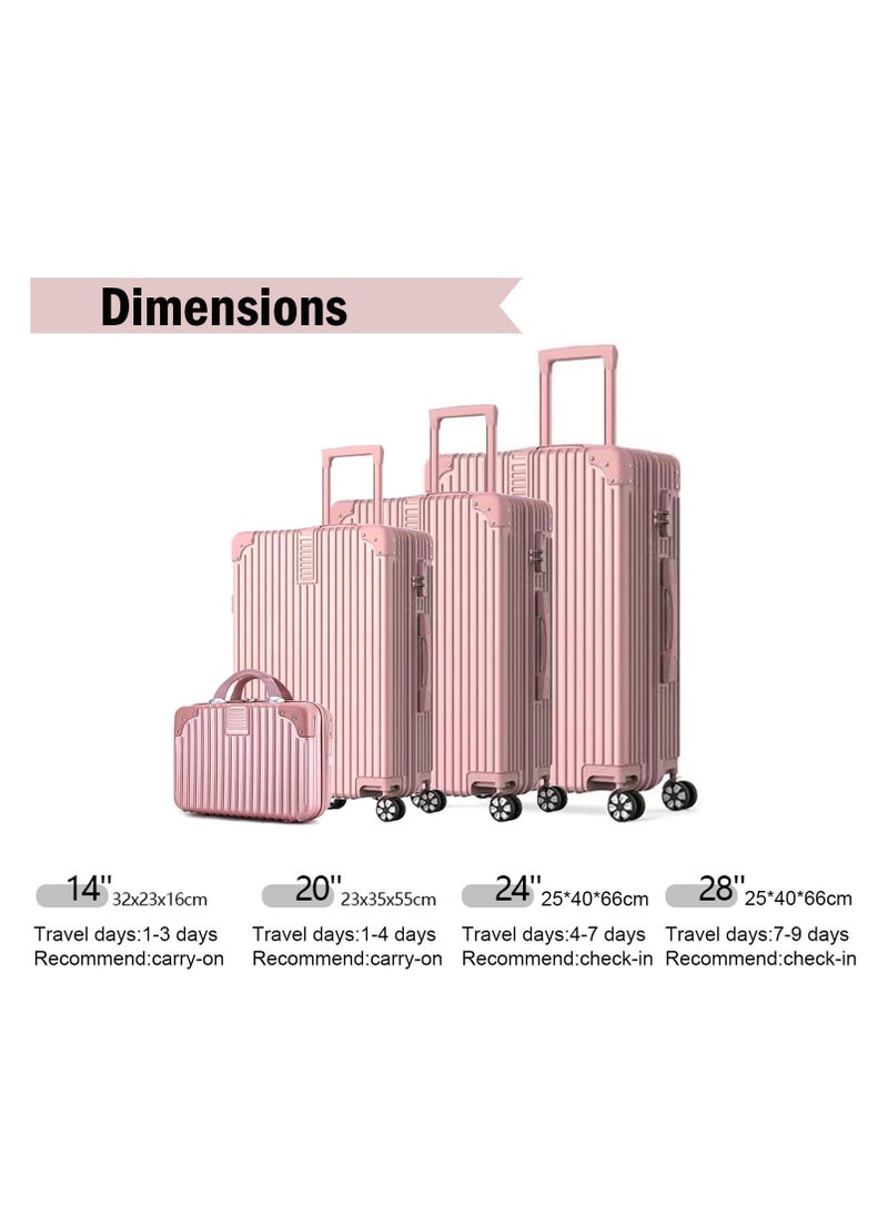 ZUIHAO Hard side 4-piece Suitcase with TSA Lock Lightweight Travel Suitcase with Spinner Wheels  Durable Carry On Luggage Sets for Family 14/20/24/28 inch Rose Gold