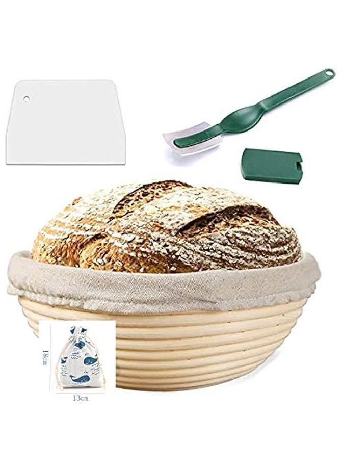 Basket with Bread Lame, Dough Scraper, Linen Liner Cloth for Professional & Home Bakers (9in)