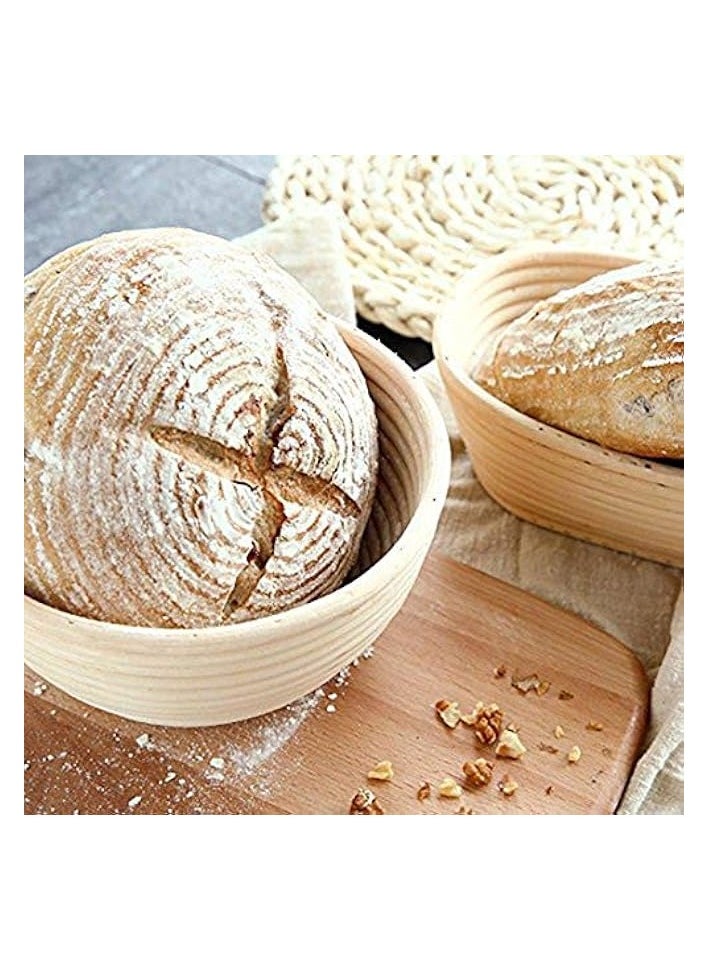 Basket with Bread Lame, Dough Scraper, Linen Liner Cloth for Professional & Home Bakers (9in)