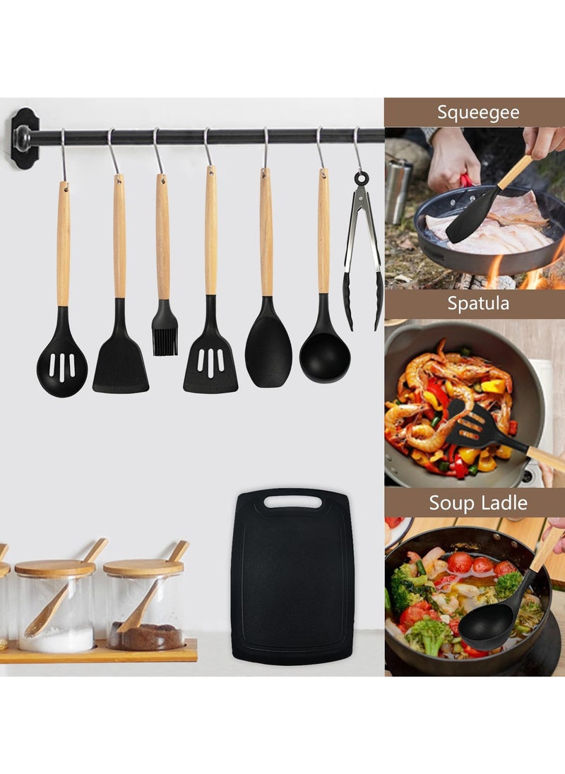 19 PCS Cooking Utensils Set - Heat Resistant Silicone Spatula Set, 6-Piece Sharp Knife Set, 2 Cutting Boards, and More - Complete Black Kitchen Tool Set