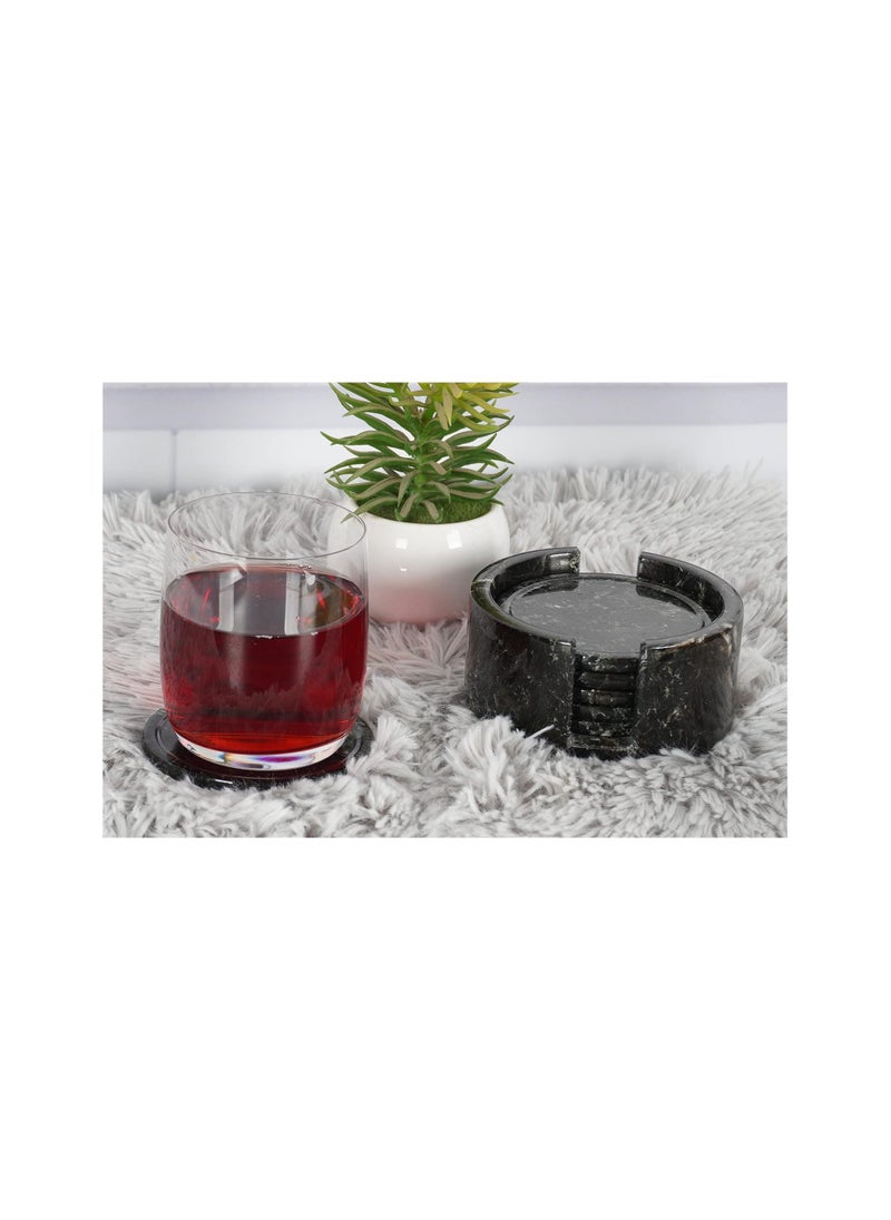 Drinks Coasters Set Handmade Marble Warm Coffee Cups Round Coasters Office Kitchen Tumblers with Storage Stand 3.5 Inch Diameter Black