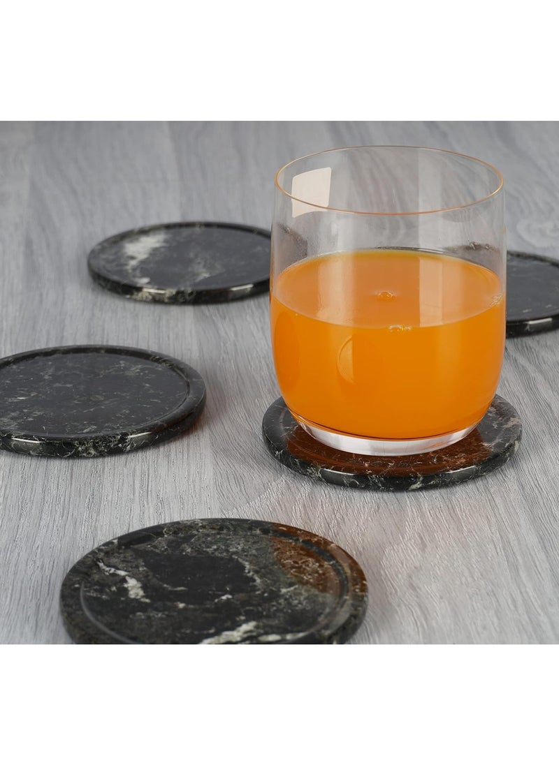 Drinks Coasters Set Handmade Marble Warm Coffee Cups Round Coasters Office Kitchen Tumblers with Storage Stand 3.5 Inch Diameter Black