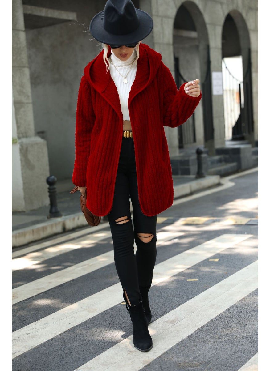 Velvet Hooded Open Cardigan Coat Black