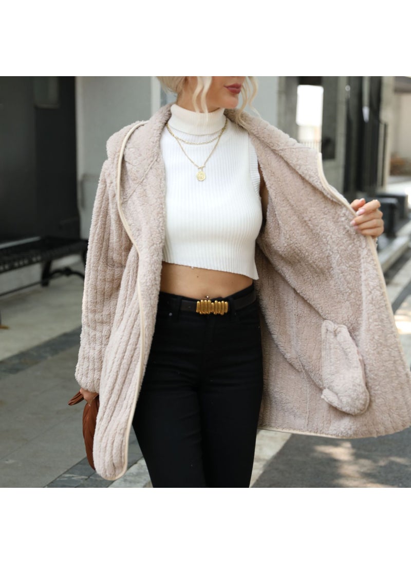 Velvet Hooded Open Cardigan Coat Black