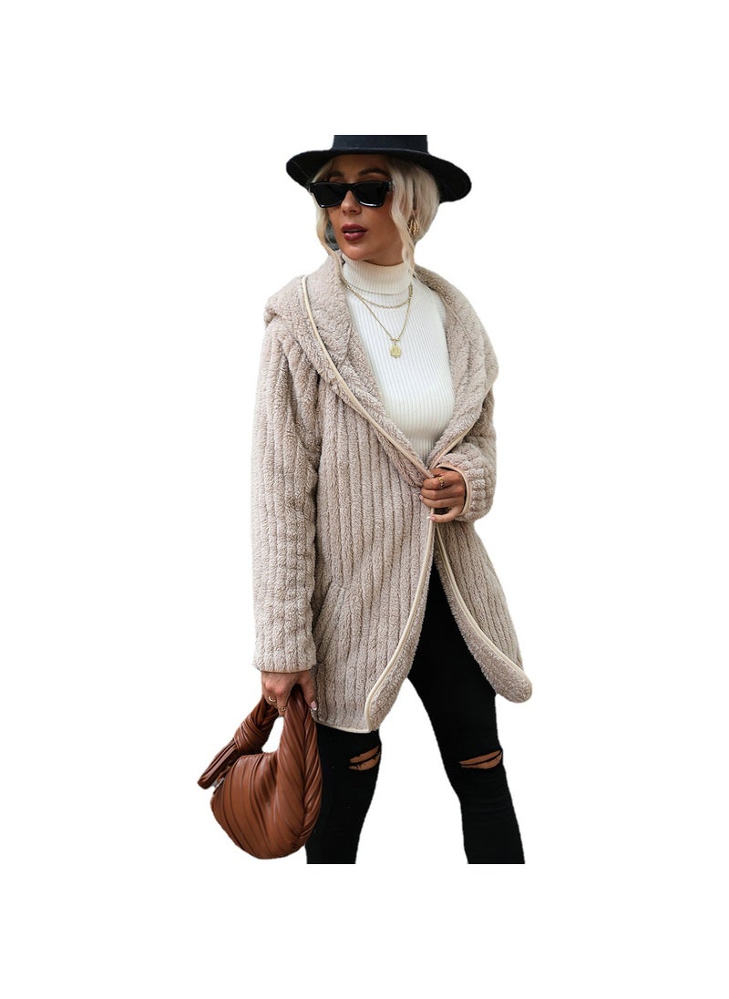 Velvet Hooded Open Cardigan Coat Light brown