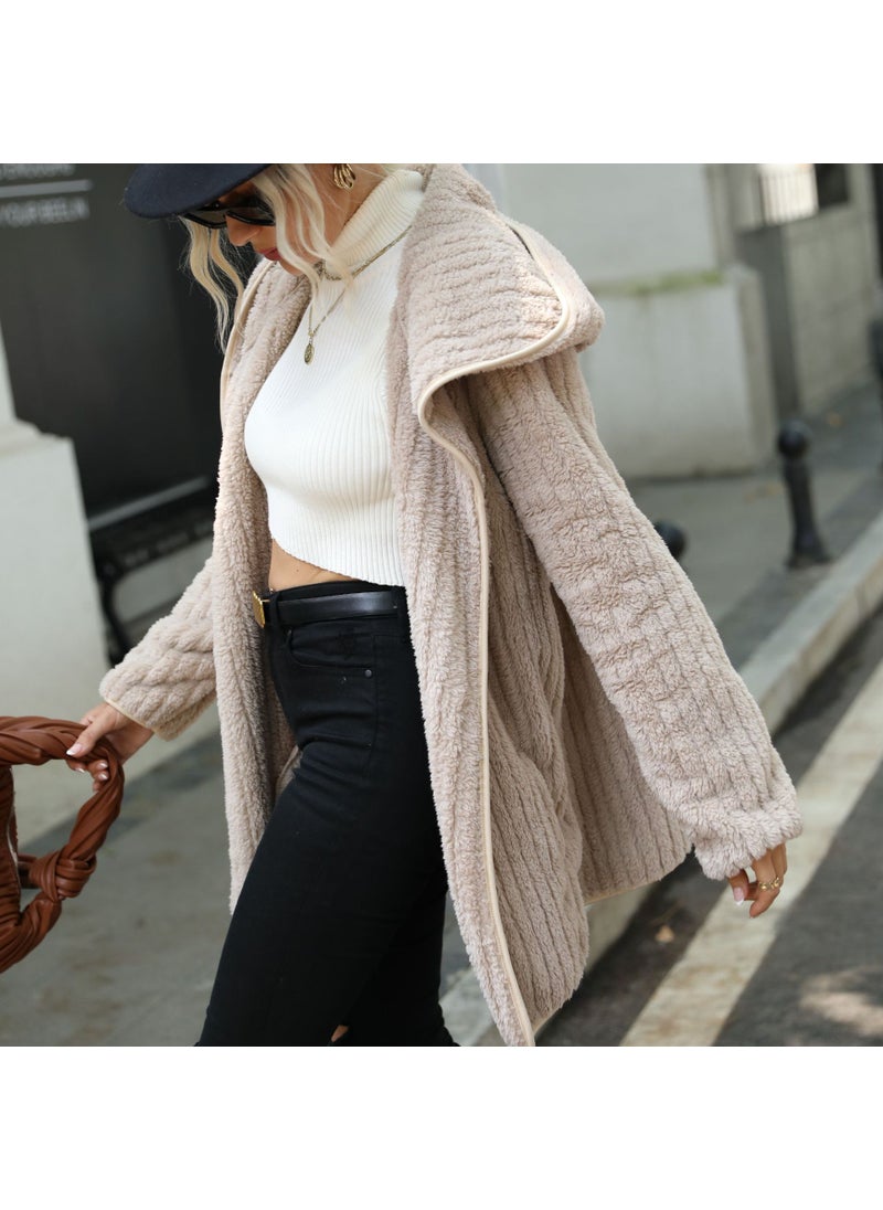 Velvet Hooded Open Cardigan Coat Khaki
