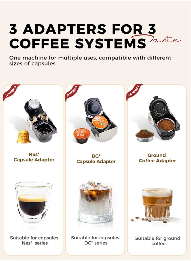 Automatic Capsule Coffee Machine 3 In 1 Hot/Cold Brew Multiple Espresso Cappuccino Coffee Maker Creamy White 1450W