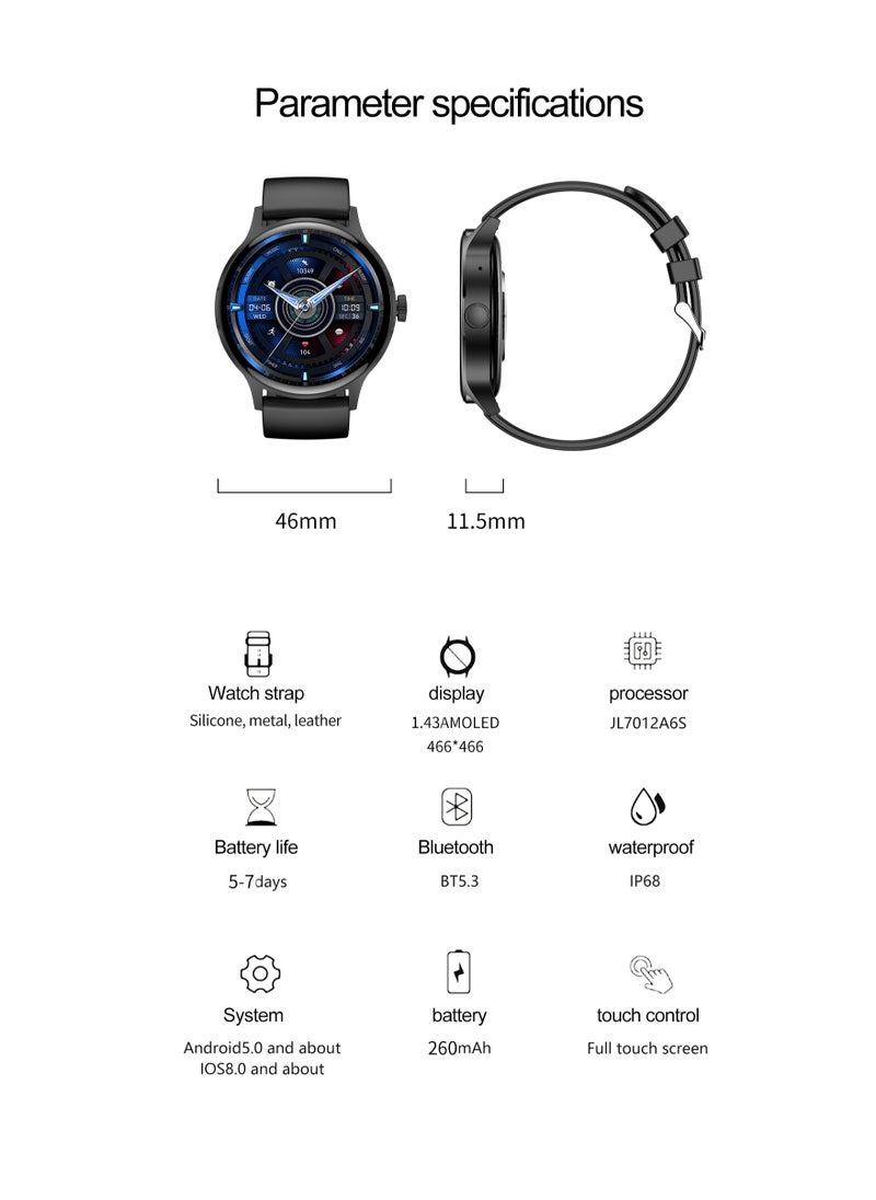 VENU5 Black Fashion Edition Smartwatch – Women & Girls Edition, 1.43” AMOLED Display, Extra 2 Straps Included, IP68 Waterproof, 100+ Sports Modes, 24-Hour Health Monitoring