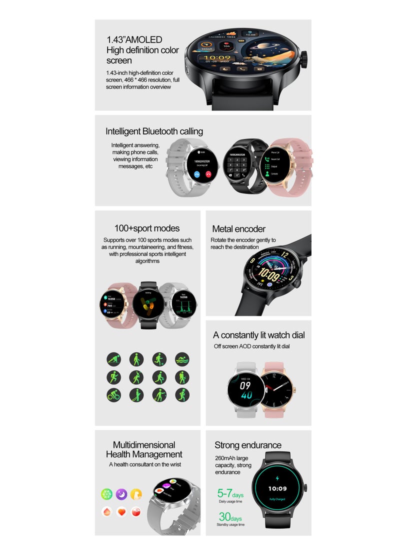 VENU5 Black Fashion Edition Smartwatch – Women & Girls Edition, 1.43” AMOLED Display, Extra 2 Straps Included, IP68 Waterproof, 100+ Sports Modes, 24-Hour Health Monitoring