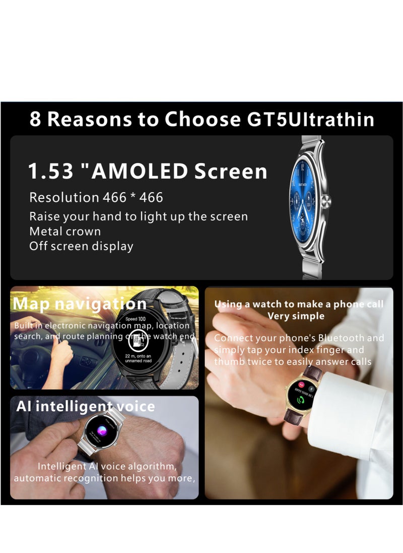 GT5 Ultrathin Smartwatch with 1.53-inch AMOLED Display, NFC, AI Voice Assistant, Multi-Sport Modes, Formal Strap Edition Black | Extra Chain and Silicon Straps Free