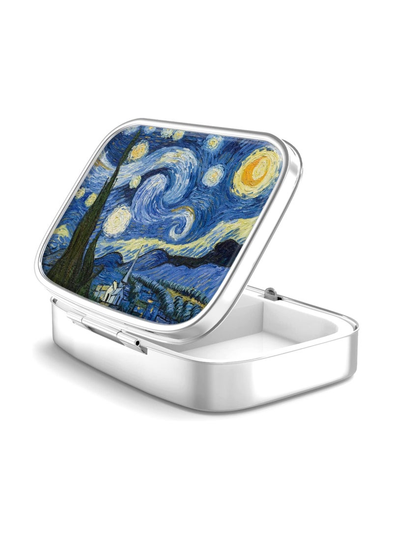 Pill Box 2 Compartment Medicine Pill Case,Portable Pill Box for Pocket or Purse Pill Box Decorative Metal Medicine Vitamin Organizer Unique Gift(Van Gogh Starry Night)