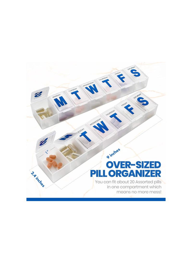 Weekly Pill Organizer - (Pack of 2) Extra Large Vitamin Container with Jumbo Easy to Read Letters, BPA Free - Daily Travel 7 Day Medication Pill Box Case