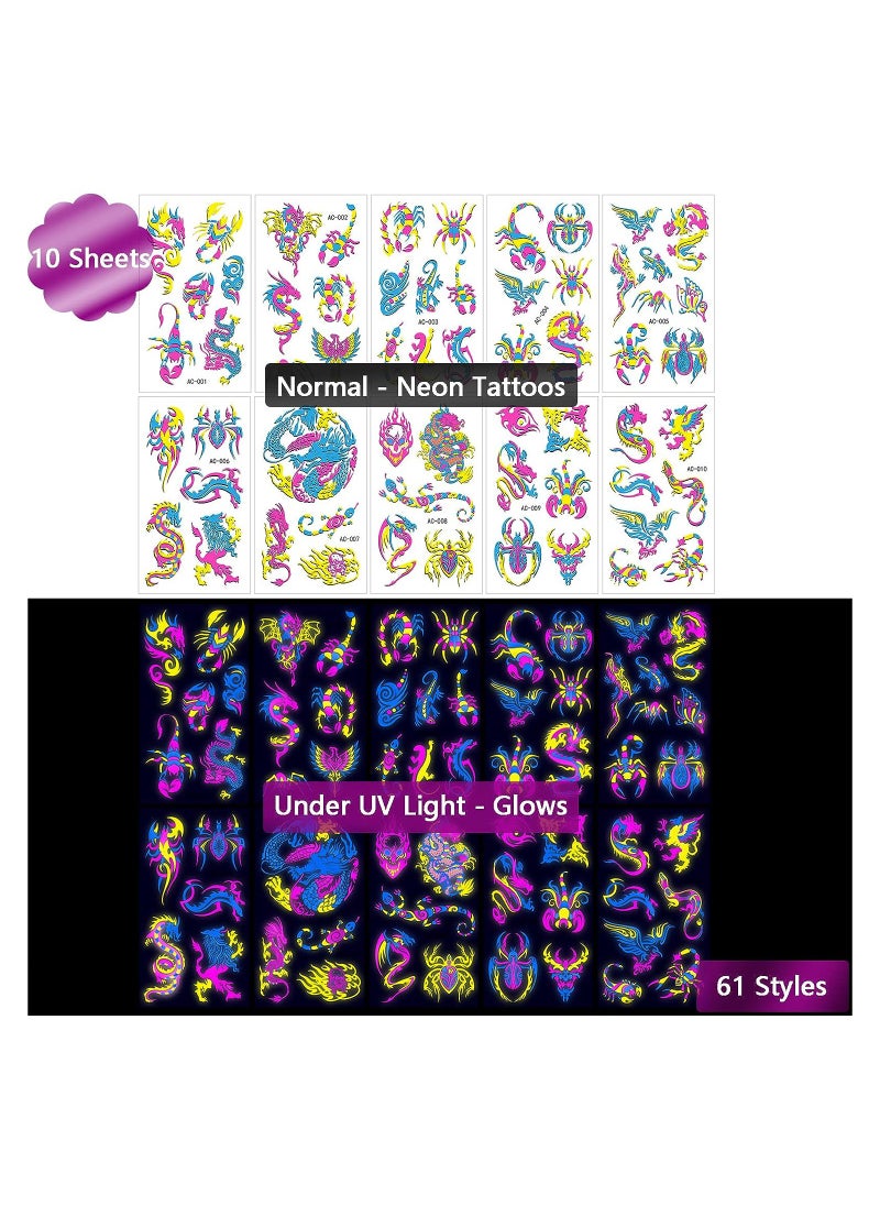10 Sheets Neon Temporary Tattoos Glow In The UV Neon Tattoos Stickers 61 Glitter Styles Dragon Scorpion Spider Cool Fake Waterproof Tattoos for Men Women Party Decoration