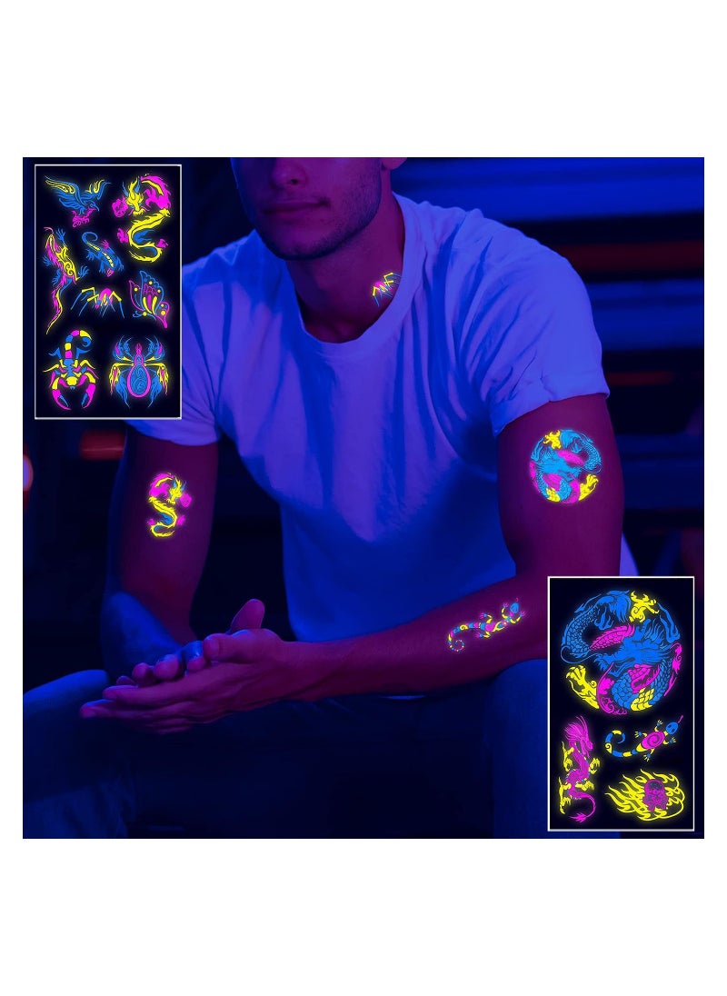 10 Sheets Neon Temporary Tattoos Glow In The UV Neon Tattoos Stickers 61 Glitter Styles Dragon Scorpion Spider Cool Fake Waterproof Tattoos for Men Women Party Decoration