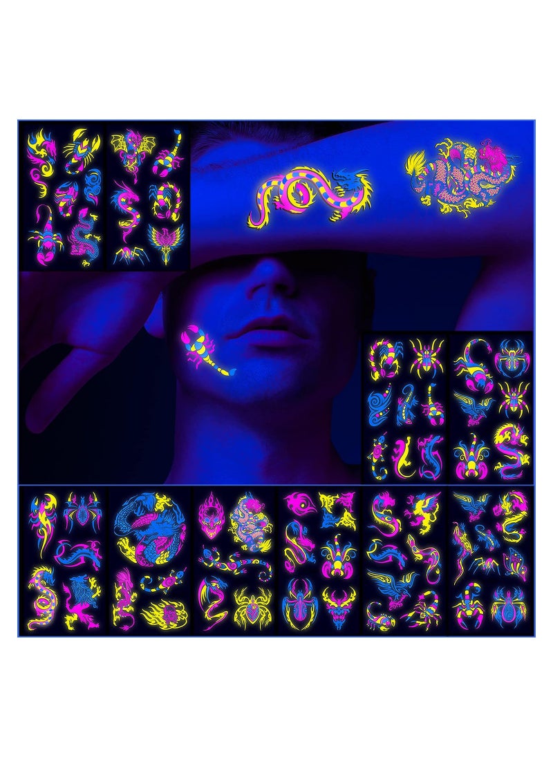 10 Sheets Neon Temporary Tattoos Glow In The UV Neon Tattoos Stickers 61 Glitter Styles Dragon Scorpion Spider Cool Fake Waterproof Tattoos for Men Women Party Decoration