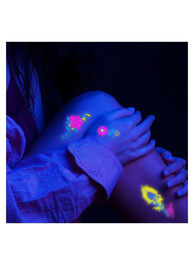 10 Sheets Neon Temporary Tattoos Glow In The UV Neon Tattoos Stickers 61 Glitter Styles Dragon Scorpion Spider Cool Fake Waterproof Tattoos for Men Women Party Decoration